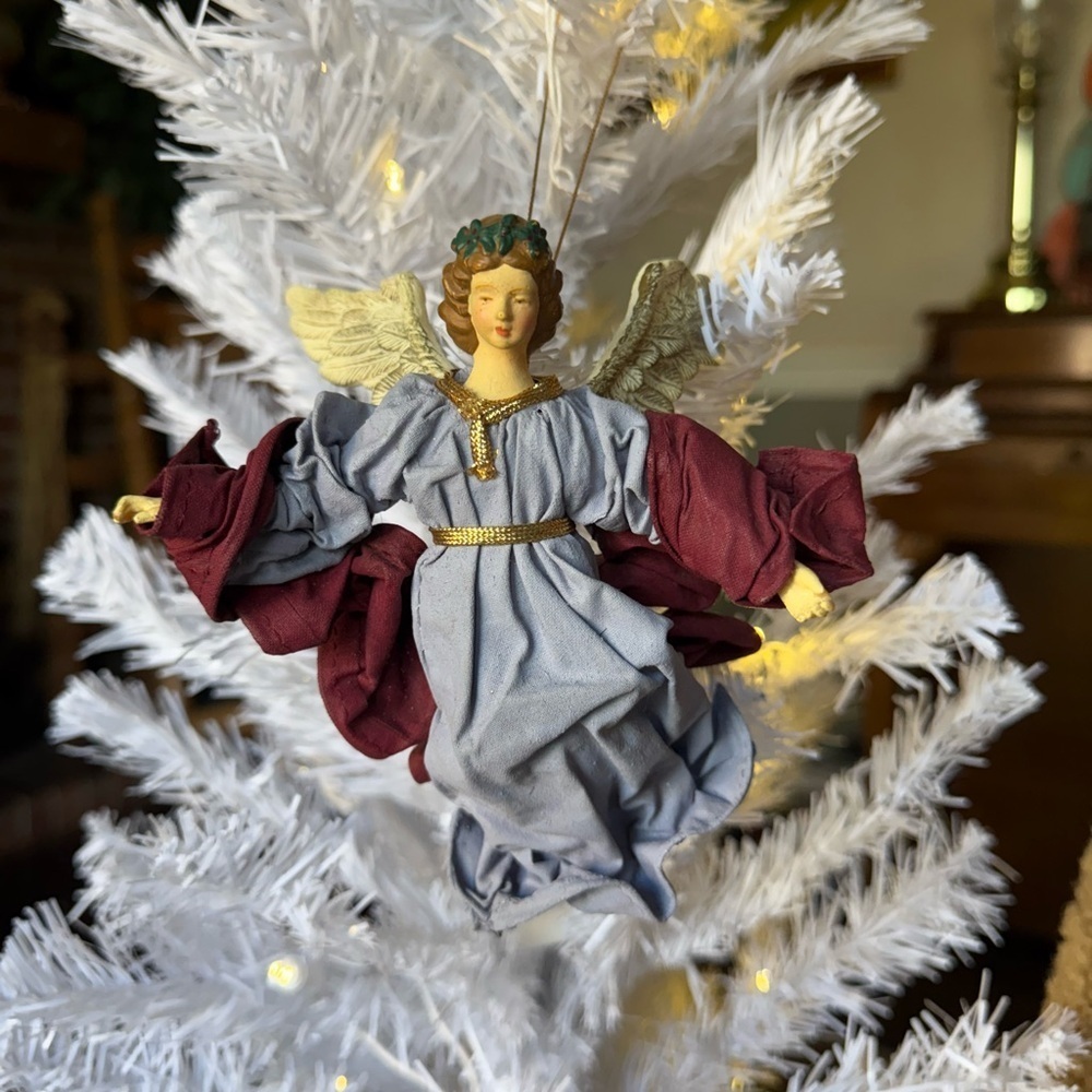 Vintage 1984 Elegant Angel Tree Ornament with Burgundy and Gold Accents